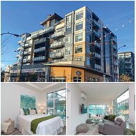 An exterior view of the Peat Commons apartment building in Langford, an interior view featuring a furnished bedroom, and a furnished living room.